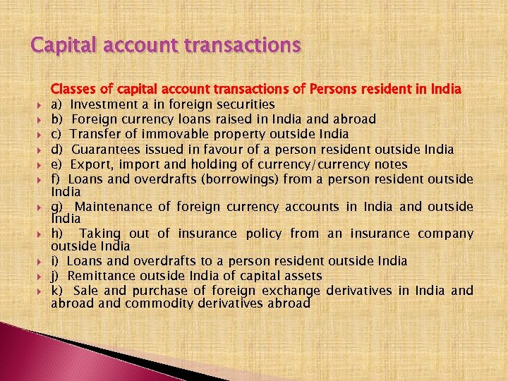 Capital account transactions Classes of capital account transactions of Persons resident in India a)