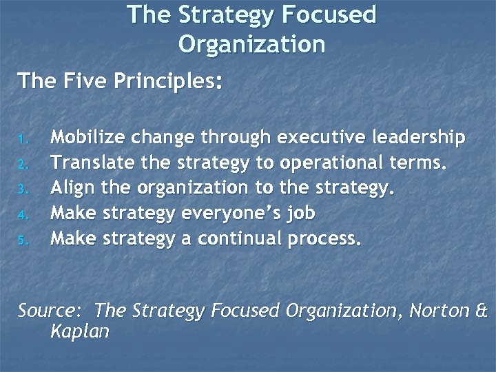 The Strategy Focused Organization The Five Principles: 1. 2. 3. 4. 5. Mobilize change