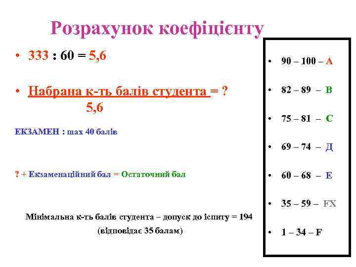 Розрахунок коефіцієнту • 333 : 60 = 5, 6 • Набрана к-ть балів студента