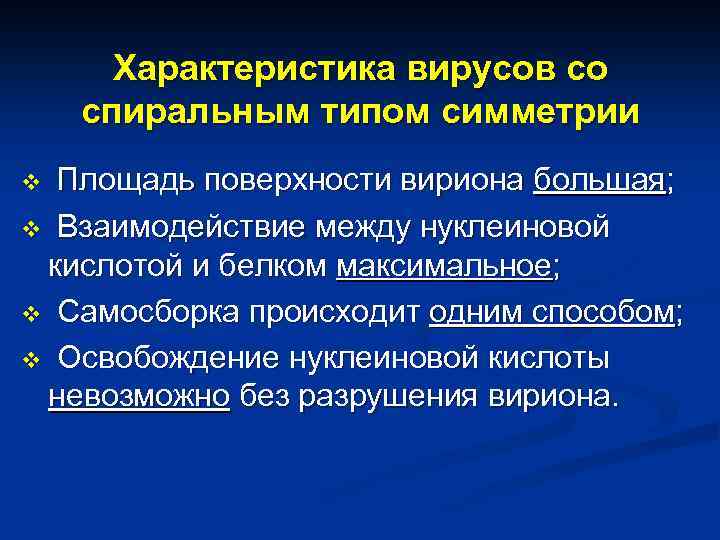Характеристика вирусов со спиральным типом симметрии Площадь поверхности вириона большая; v Взаимодействие между нуклеиновой