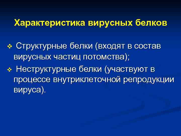 Характеристика вирусных белков Структурные белки (входят в состав вирусных частиц потомства); v Неструктурные белки