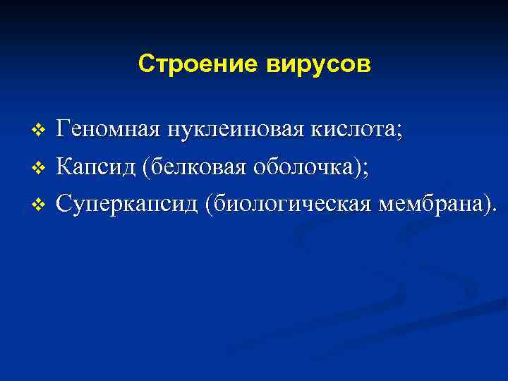 Строение вирусов v v v Геномная нуклеиновая кислота; Капсид (белковая оболочка); Суперкапсид (биологическая мембрана).