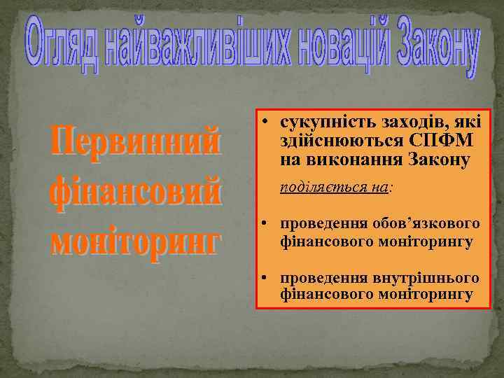  • сукупність заходів, які здійснюються СПФМ на виконання Закону поділяється на: • проведення