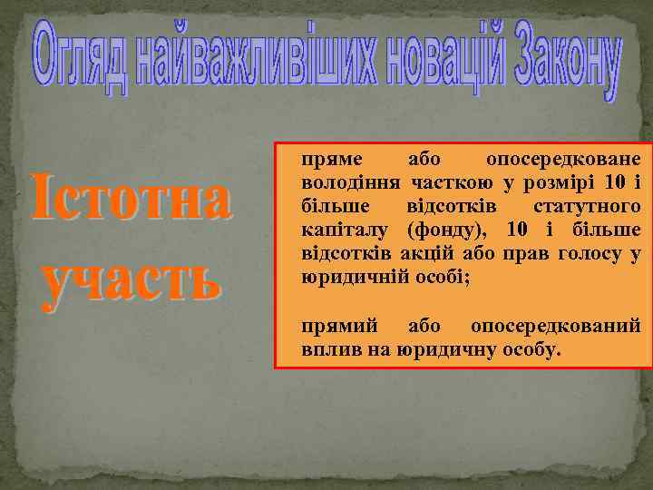  пряме або опосередковане володіння часткою у розмірі 10 і більше відсотків статутного капіталу