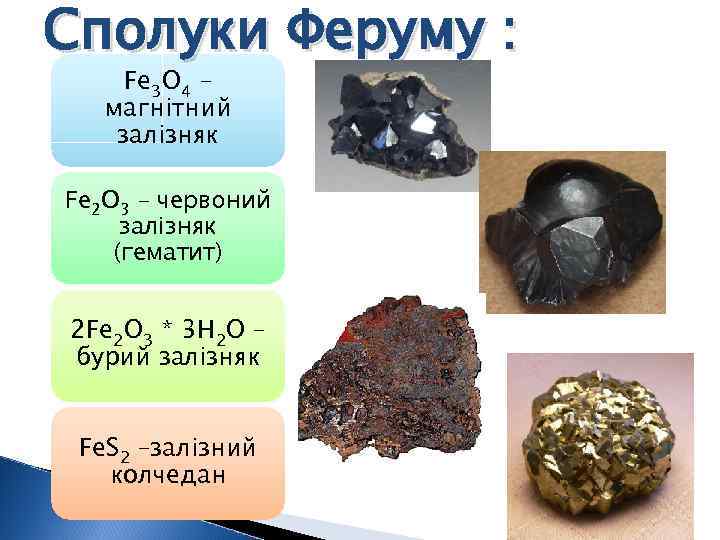 Сполуки Феруму : Fe 3 O 4 – магнітний залізняк Fe 2 O 3