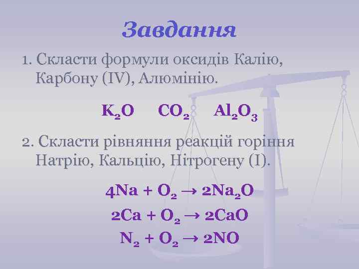 Завдання 1. Скласти формули оксидів Калію, Карбону (IV), Алюмінію. K 2 O CO 2