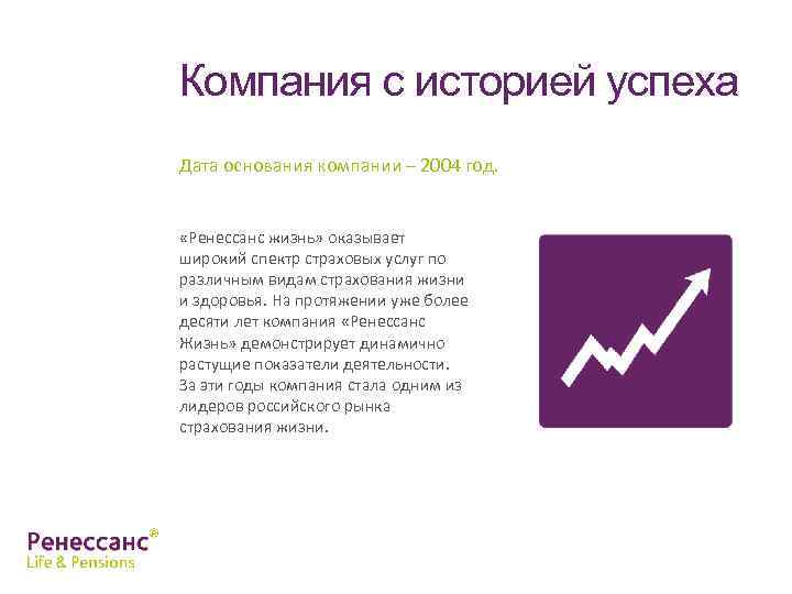 Компания с историей успеха Дата основания компании – 2004 год. «Ренессанс жизнь» оказывает широкий