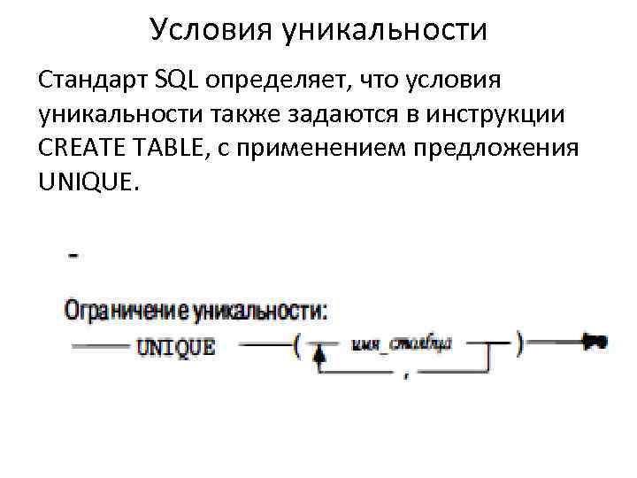 Условия уникальности Стандарт SQL определяет, что условия уникальности также задаются в инструкции CREATE TABLE,