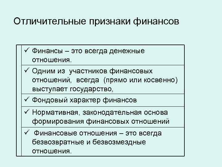 Характерными признаками финансов являются. Отличительные признаки финансов. Специфические признаки финансов. Признаки финансов и финансовых отношений. Отличительные черты финансовых операций.