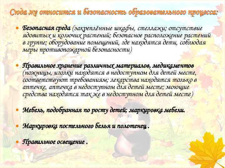 Сюда же относится и безопасность образовательного процесса: Безопасная среда (закреплённые шкафы, стеллажи; отсутствие ядовитых