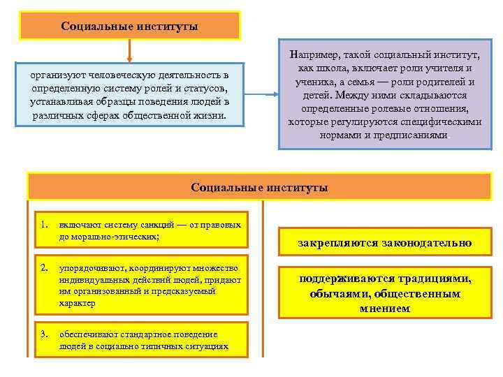 Социальные институты организуют человеческую деятельность в определенную систему ролей и статусов, устанавливая образцы поведения