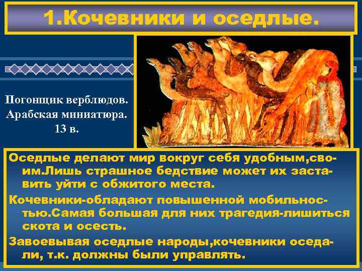 1. Кочевники и оседлые. Погонщик верблюдов. Арабская миниатюра. 13 в. ЖД ЕМ ВАС !