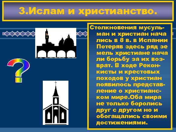 3. Ислам и христианство. Столкновения мусульман и христиан нача лись в 8 в. в