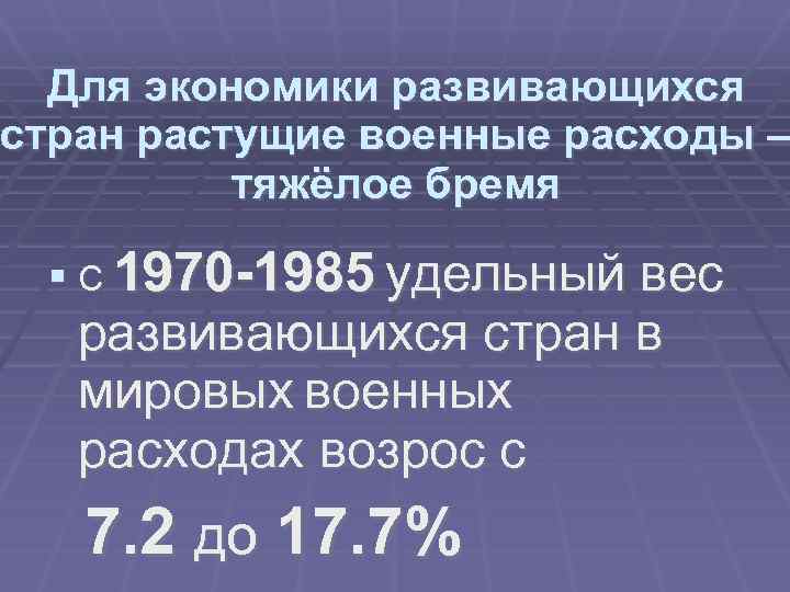 Для экономики развивающихся стран растущие военные расходы – тяжёлое бремя С 1970 -1985 удельный