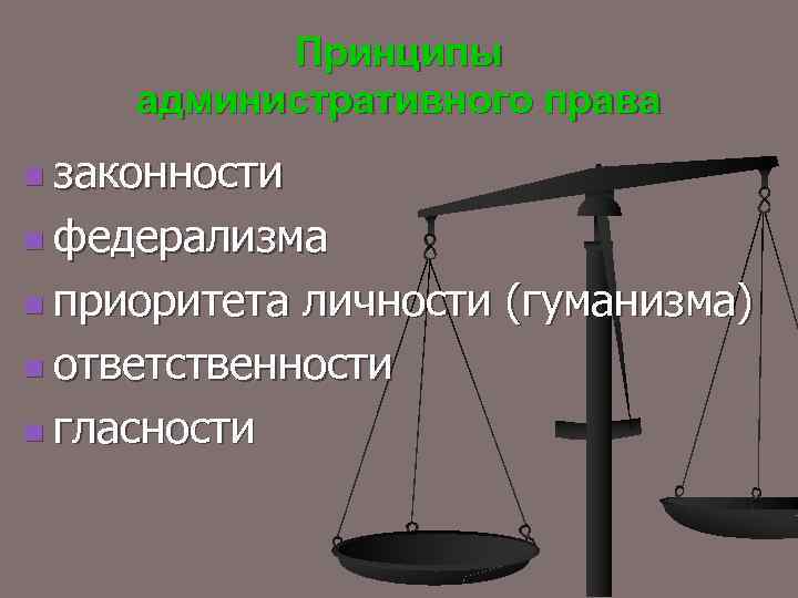 Принципы административного права n законности n федерализма n приоритета личности (гуманизма) n ответственности n