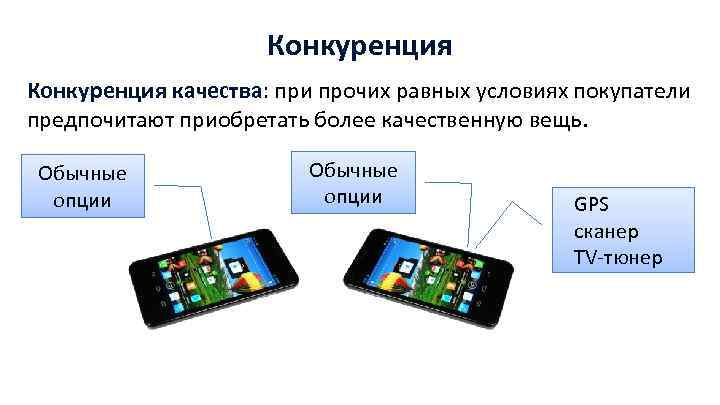 Конкуренция качества: при прочих равных условиях покупатели предпочитают приобретать более качественную вещь. Обычные опции
