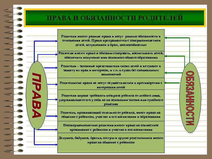 ПРАВА И ОБЯЗАННОСТИ РОДИТЕЛЕЙ Родители имеют равные права и несут равные обязанности в отношении