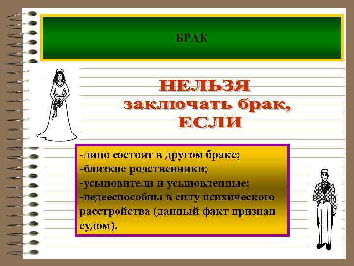 БРАК -лицо состоит в другом браке; -близкие родственники; -усыновители и усыновленные; -недееспособны в силу