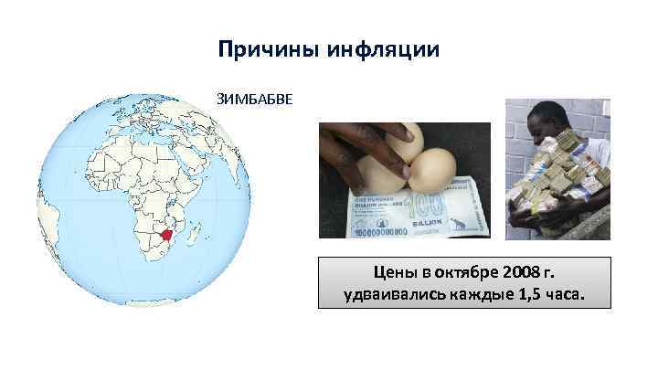 Причины инфляции ЗИМБАБВЕ Цены в октябре 2008 г. удваивались каждые 1, 5 часа. 