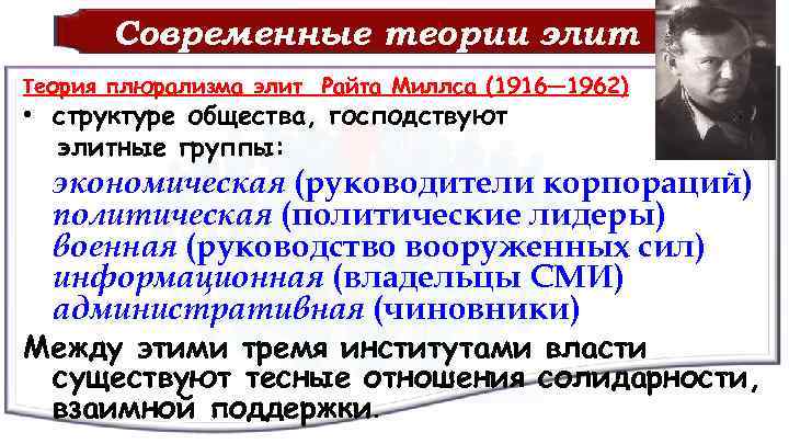 Современные теории элит Теория плюрализма элит Райта Миллса (1916— 1962) • структуре общества, господствуют