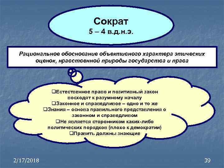 Сократ 5 – 4 в. д. н. э. Рациональное обоснование объективного характера этических оценок,