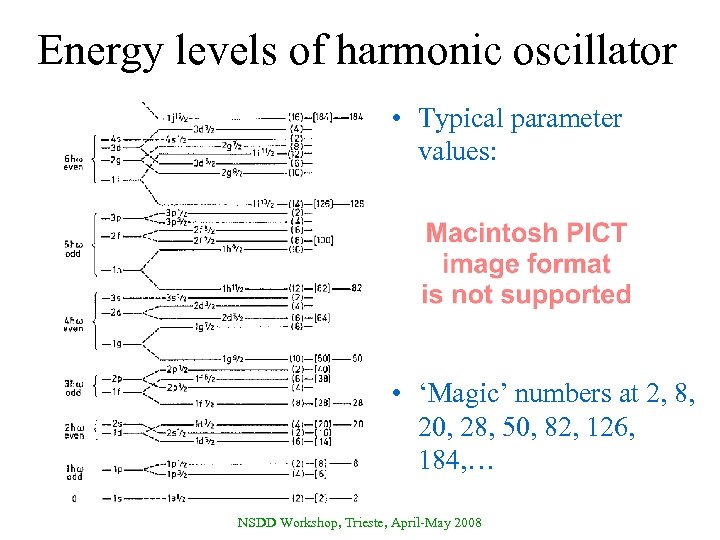 Energy levels of harmonic oscillator • Typical parameter values: • ‘Magic’ numbers at 2,