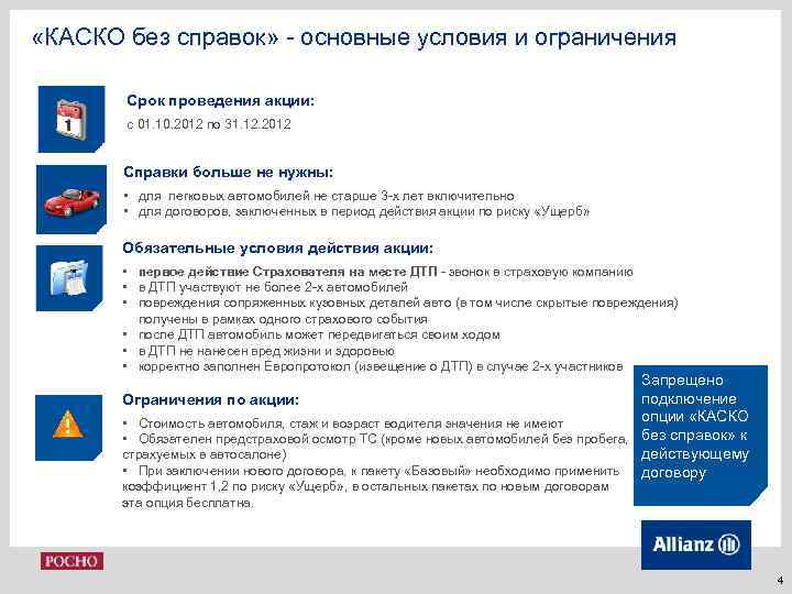  «КАСКО без справок» - основные условия и ограничения Срок проведения акции: с 01.