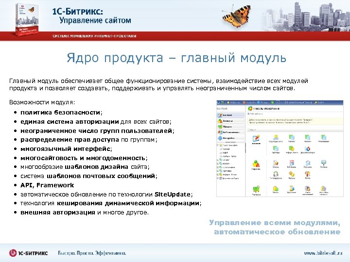 Ядро продукта – главный модуль Главный модуль обеспечивает общее функционирование системы, взаимодействие всех модулей
