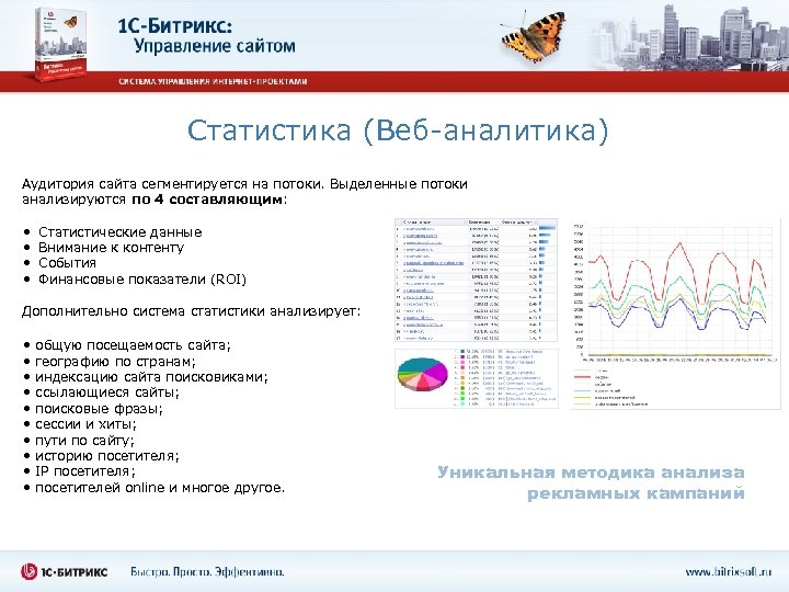 Статистика (Веб-аналитика) Аудитория сайта сегментируется на потоки. Выделенные потоки анализируются по 4 составляющим: •