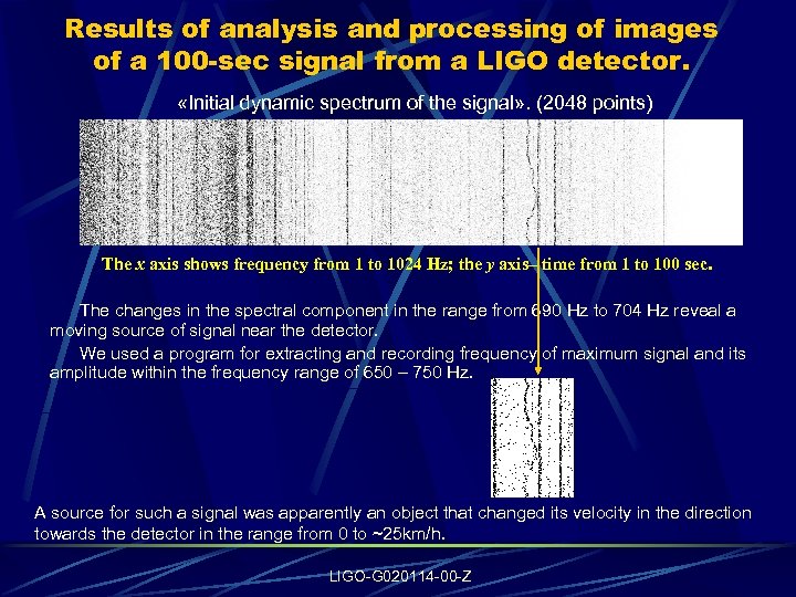 Results of analysis and processing of images of a 100 -sec signal from a