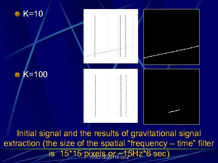 K=100 Initial signal and the results of gravitational signal extraction (the size of the