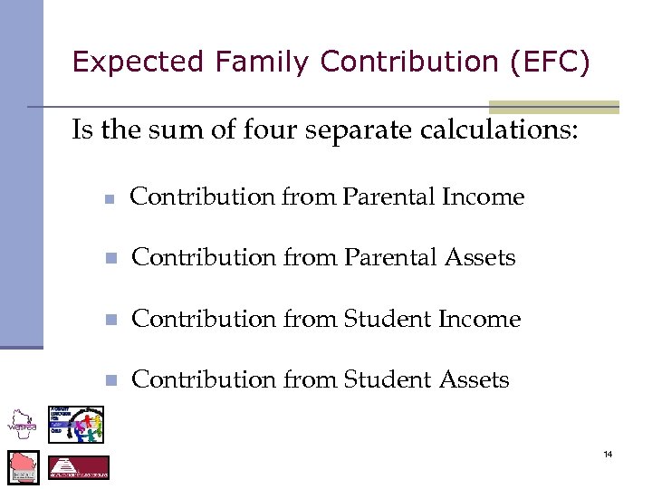 Expected Family Contribution (EFC) Is the sum of four separate calculations: n Contribution from
