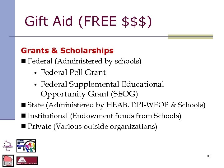 Gift Aid (FREE $$$) Grants & Scholarships n Federal (Administered by schools) • •