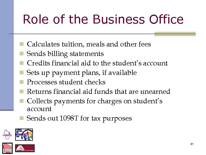 Role of the Business Office Calculates tuition, meals and other fees Sends billing statements