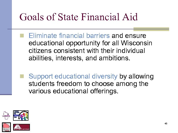 Goals of State Financial Aid n Eliminate financial barriers and ensure educational opportunity for