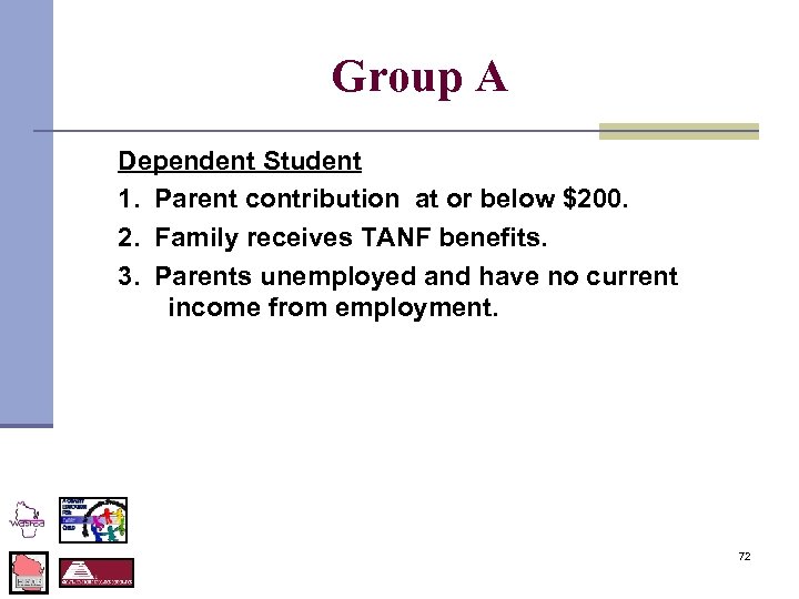 Group A Dependent Student 1. Parent contribution at or below $200. 2. Family receives