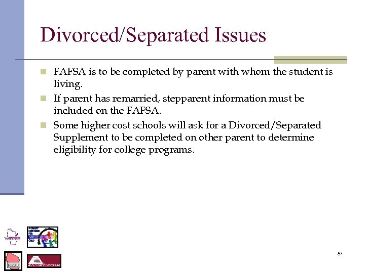 Divorced/Separated Issues n FAFSA is to be completed by parent with whom the student