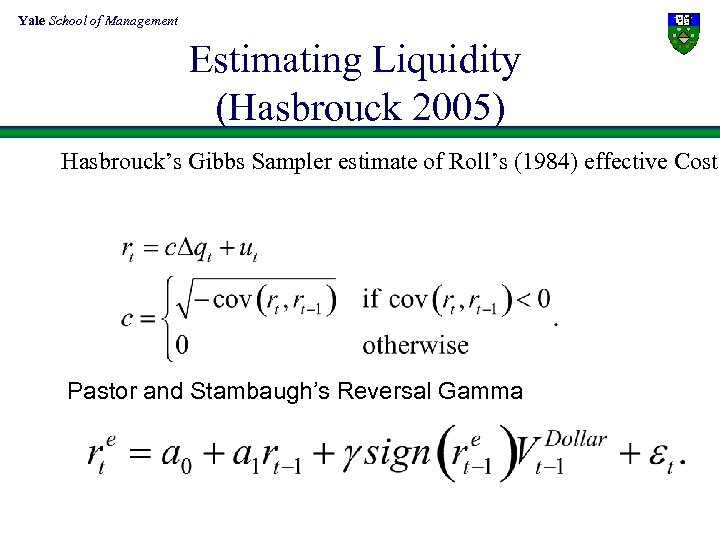 Yale School of Management Estimating Liquidity (Hasbrouck 2005) Hasbrouck’s Gibbs Sampler estimate of Roll’s