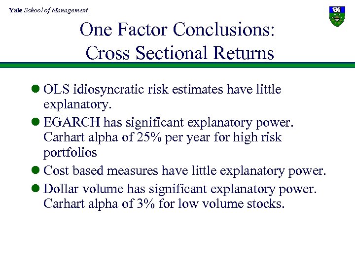 Yale School of Management One Factor Conclusions: Cross Sectional Returns l OLS idiosyncratic risk