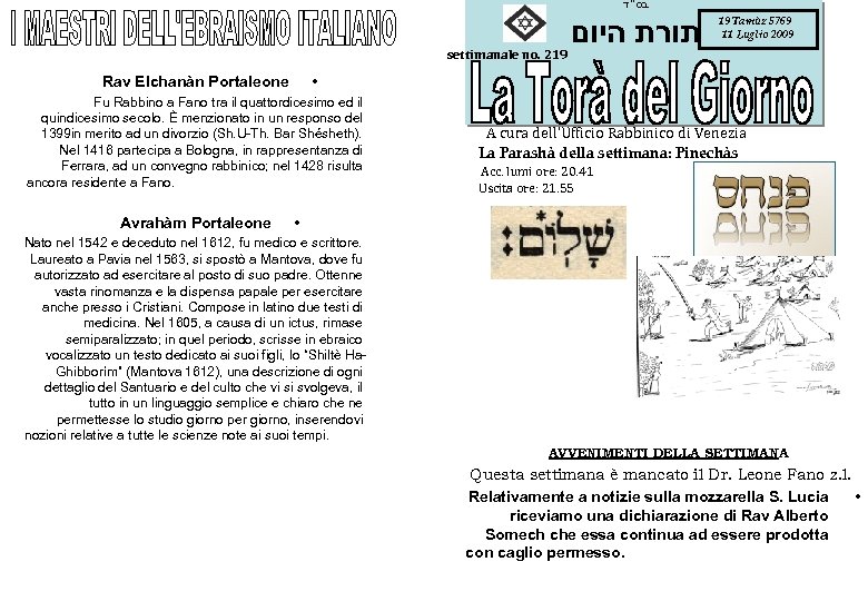  בס"ד settimanale no. 219 • Rav Elchanàn Portaleone Fu Rabbino a Fano tra