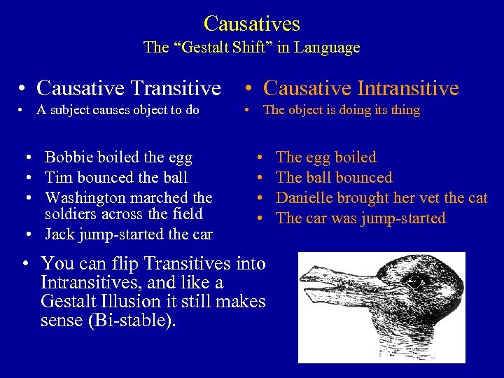 Causatives The “Gestalt Shift” in Language • Causative Transitive • Causative Intransitive • A