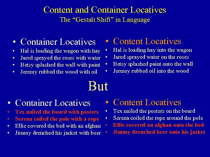 Content and Container Locatives The “Gestalt Shift” in Language • Container Locatives • •