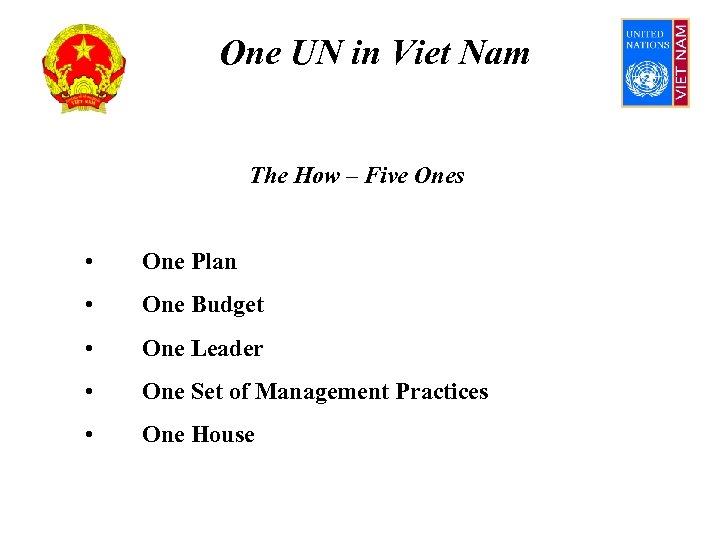 One UN in Viet Nam The How – Five Ones • One Plan •