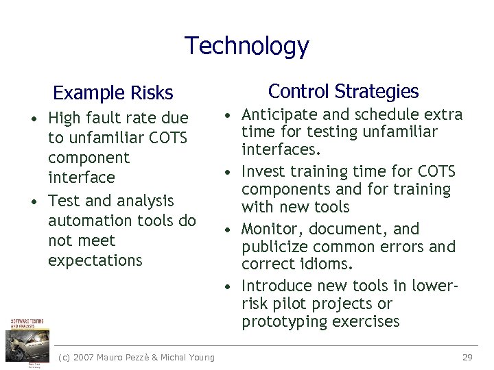 Technology Example Risks Control Strategies • High fault rate due to unfamiliar COTS component