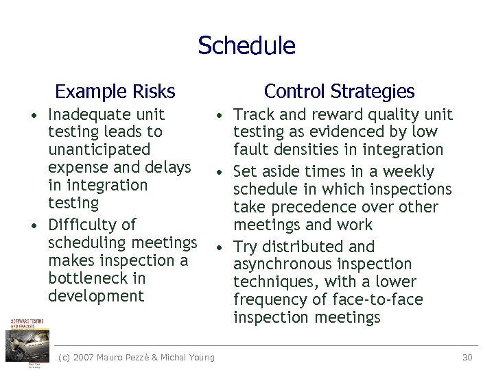 Schedule Example Risks • Inadequate unit testing leads to unanticipated expense and delays in