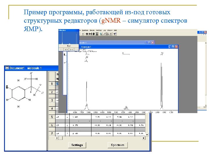 Пример программы, работающей из-под готовых структурных редакторов (g. NMR – симулятор спектров ЯМР). Chem.