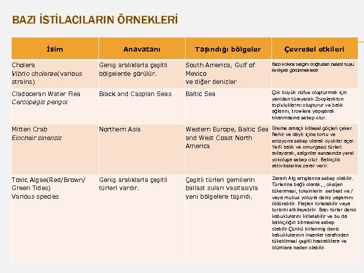 BAZI İSTİLACILARIN ÖRNEKLERİ İsim Anavatanı Taşındığı bölgeler Çevresel etkileri Cholera Vibrio cholerae(various strains) Geniş