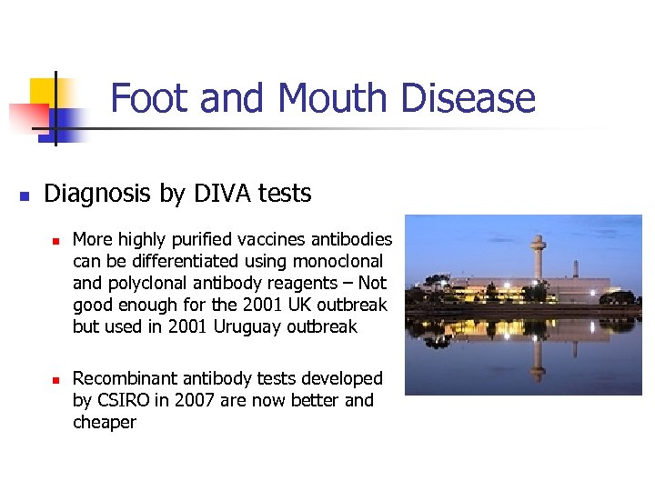 Foot and Mouth Disease n Diagnosis by DIVA tests n n More highly purified