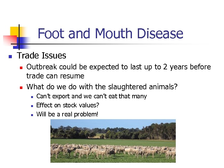 Foot and Mouth Disease n Trade Issues n n Outbreak could be expected to