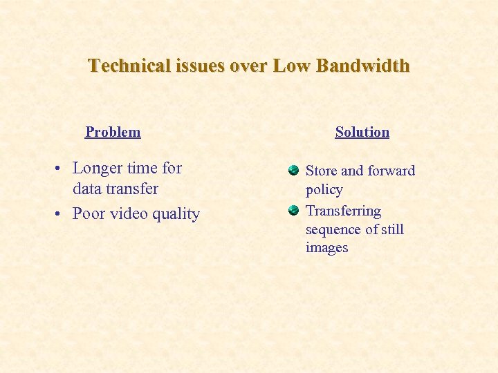 Technical issues over Low Bandwidth Problem • Longer time for data transfer • Poor
